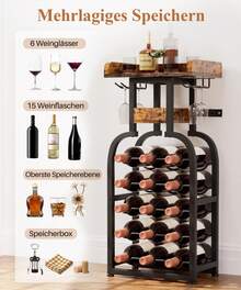 Yorbay Weinregal freistehend 15 Flaschen, Flaschenregal mit Glashaltern, Dekorativer Flaschenhalter-Ständer für Küche, Bar, Esszimmer, Boden - Schwarz - Übersicht 5