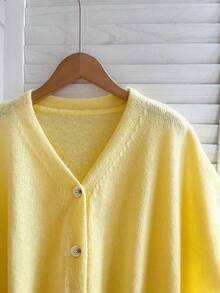FOR BEAUTY V-Neck Button Short Sleeve Oversized Knit Cardigan, Women Casual Vacation, Dropped Shoulder Top, Cream Yellow Top, New Year - Yellow - View 9