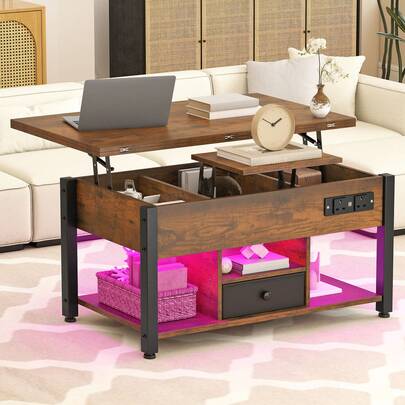 Lift Top Coffee Table With Drawer, Multi-Color LED Lighting & Music Mode, 4-In-1 Convertible Table With Storage And Outlets