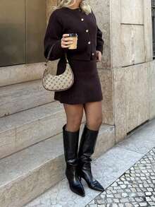 DEEKA Autumn/Winter New Women's Gold Button Crew Neck Fitted Long Sleeve Knit Cardigan & High Waist Elastic Mini Skirt Set - Brown - View 8