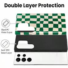 Checkered Phone Case For Samsung Galaxy S24 Ultra S22 S23 And A Series, Cute Plaid Checkerboard, Floral Pattern Compatible With IPhone 16 15 14 13 12 11 Pro Max Plus Protective Case Cover For Girls Women - Green Checkered - 查看 3