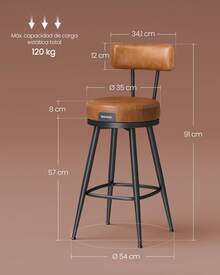 VASAGLE EKHO Colección - Juego de 2 Taburetes de Bar, Sillas Giratorias de Barra con Respaldo, con Costuras, Moderno Siglo Medio, Altura 65 cm, Barra Cocina, Marrón Caramelo - Marrón - Ver 7