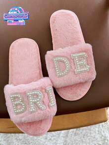 新娘拖鞋，温暖舒适的露趾拖鞋，适合新娘派对、单身派对和婚礼当天，平底交叉白色露趾拖鞋 - 粉色 - 查看 5