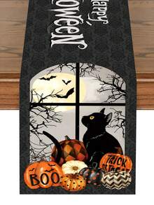 1pc 35x180cm Halloween Polyester Tablecloth, Happy Halloween Black Cat Pumpkin Window Scene, Black Cat And Bat Design Under Moonlight, Suitable For Halloween Party, Home Dining Table, High-End Holiday Decorative Fabric - Multicolor - View 3