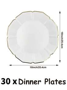 10Pcs/30Pcs-Pack White Paper Party Plates With Golden Foil Scalloped Edging For Birthday Wedding (9 Inches)