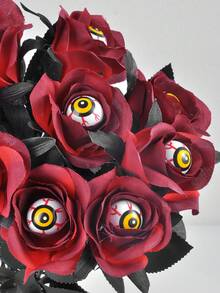 2PCS/5PCS/10PCS 玫瑰人造花人造血玫瑰和眼睛花束仿真单枝长茎假丝玫瑰束适合派对、家庭、万圣节 DIY 装饰 - 萬聖紅玫瑰黃眼 - 查看 3