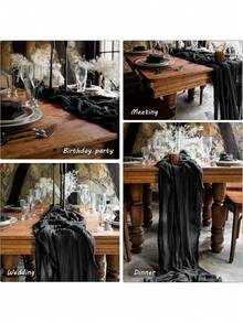71/118 Inch Black Thick Cotton Table Runner, Boho Farmhouse Style Sheer Chiffon Summer Table Runner, Suitable For Wedding Party Birthday Home Decor Holiday Decoration - Black - View 5