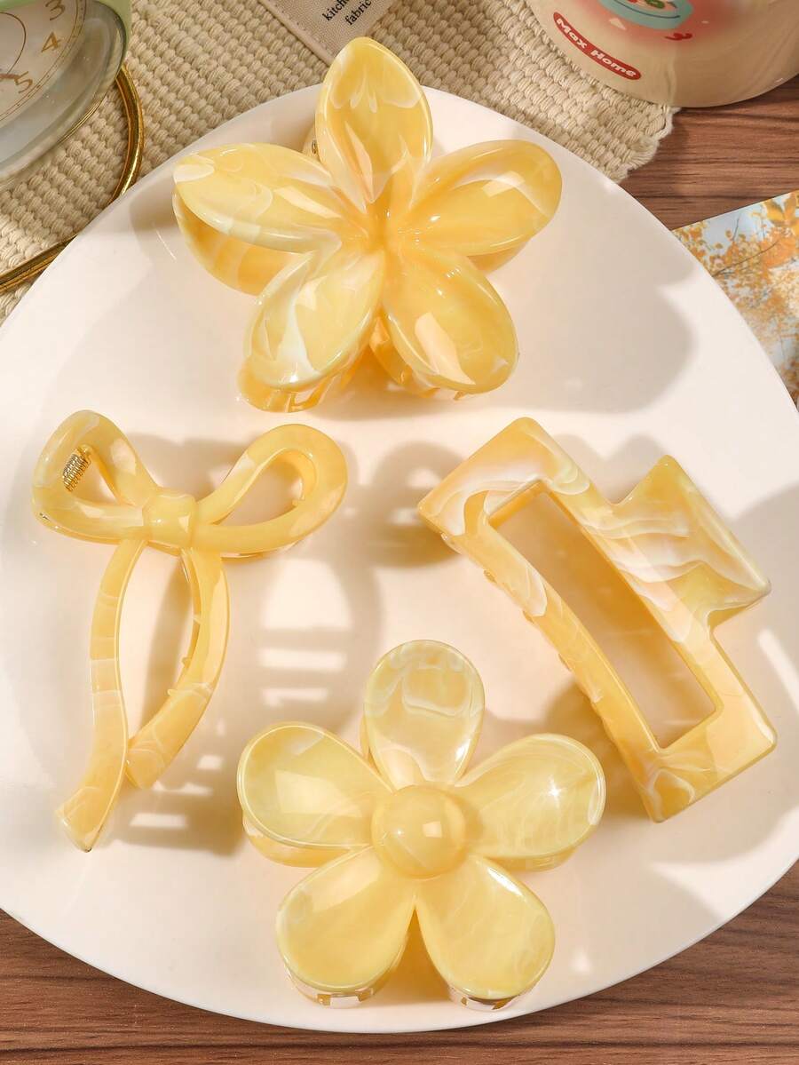 4个ABS材质波西米亚甜美亮黄色大理石纹蝴蝶结雏菊方形发夹,沙滩配饰发饰时尚爪夹女士发夹休闲发夹秋冬度假装扮夏季女装 - 彩色 - 查看 1