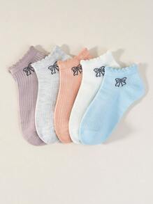 5双随机儿童芭蕾舞风格蝴蝶结短袜，适合女孩和年龄稍大的孩子夏季穿着，糖果色透气短袜，可爱清新蕾丝百搭袜