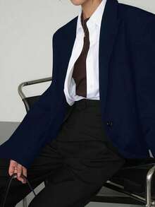 Women's Navy Blue Casual Loose Blazer Jacket With Letter Print, Suitable For Banquet, Wedding, Festival, Party, Women's Halloween, Christmas Outfits And More Occasions