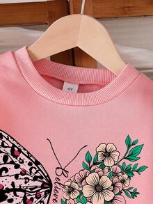 Toddler Bow Decor Print Warm Crew Neck Sweatshirt And Denim Pants Set - Pink - View 3