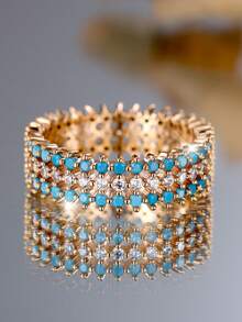 1 件奢华三排方晶锆石女士订婚派对闪亮戒指，优雅宽新娘结婚戒指，配黑白锆石首饰 - 戒指 - 查看 5