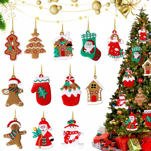 12 Pack Christmas Mini Bread Man Ornaments For Christmas Tree Hanging Lucky Santa Claus Snow Socks Candy Christmas Decorations 12 Plastic Figurines Xmas Festive Party Home Decor