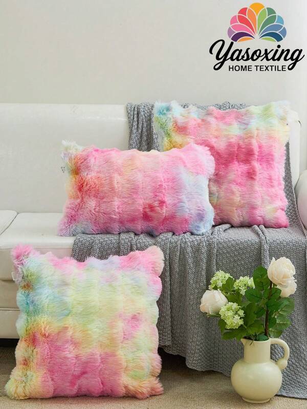 1pc Pink Rainbow Tie Dye Decorative Faux Rabbit Fur Cushion Cover Without Filler, Modern Flannelette Fuzzy Plush Throw Pillow Cover Zipper Closure For Home, For Sofa, Living Room