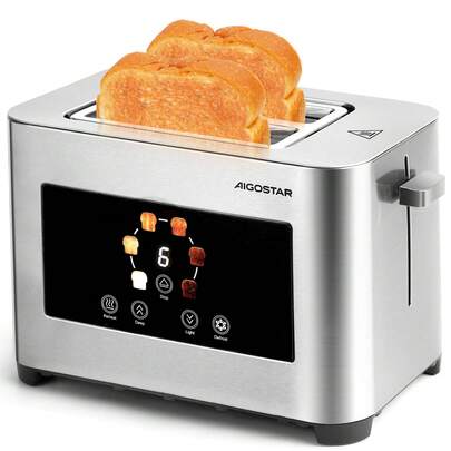 Aigostar Toaster 2 Scheiben, LED-Touchscreen, 4 cm extra breite Toastschlitze & Brotzentrierung, Edelstahl-Toaster mit 6 Bräunungsstufen, Aufwärm-, Auftau-, Aufwärm- & Stoppfunktion, 850W