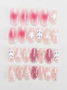 30 pezzi di unghie finte a mandorla/mix di colori con stampa a cartoni animati, unghie finte corte, con 1 pezzo di colla gel e 1 lima per unghie