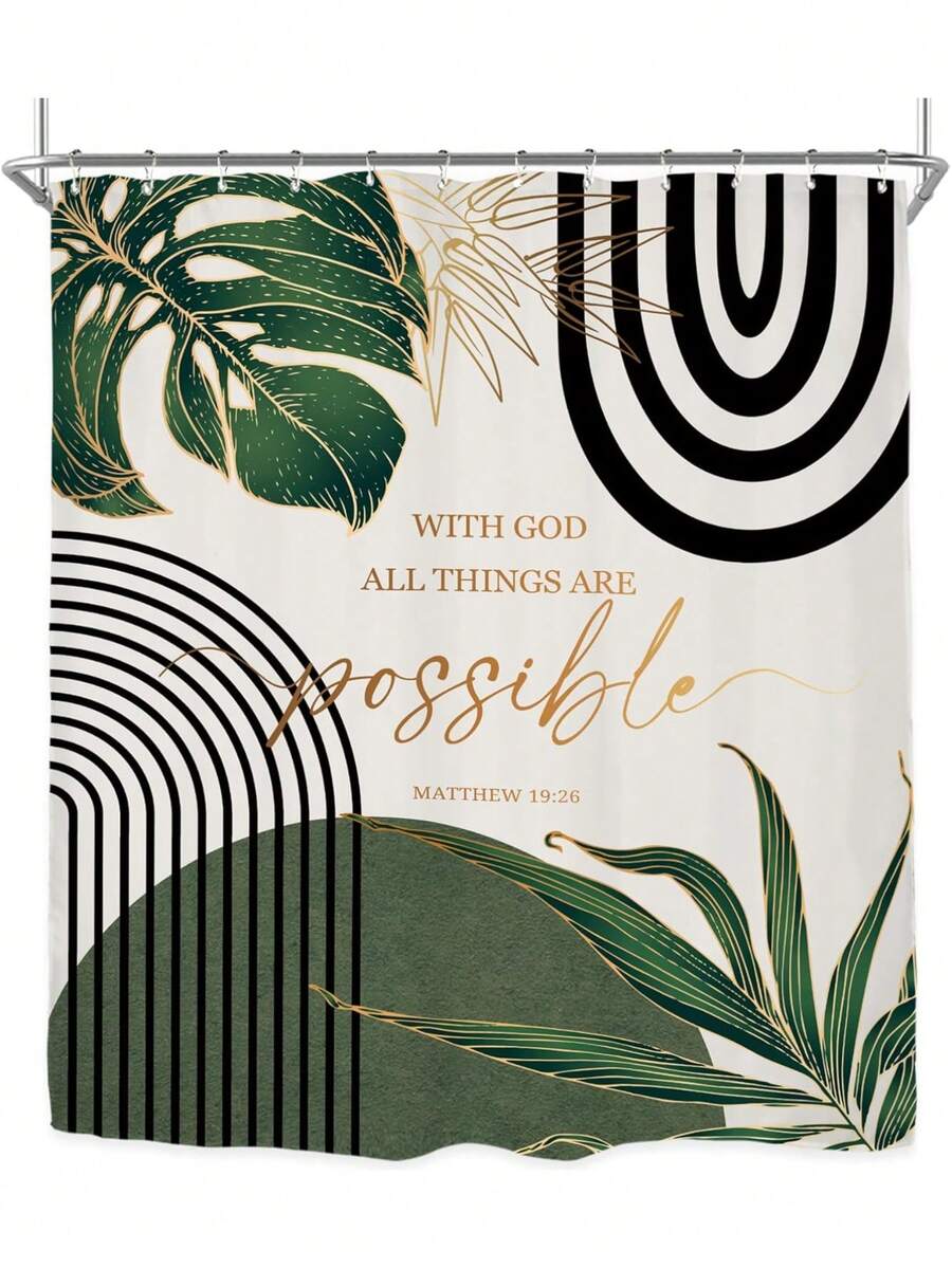 Abstract Shower Curtain, Neutral Leaves Geometric Minimalist Aesthetic Plant Mid Century Modern Waterproof Bathroom Curtain With Hooks - 翠綠色鼠尾草綠 - 查看 1