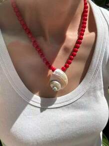 1pc Red Seashell Beaded Necklace, Elegant Sexy Glossy Pearl Jewelry Gift For Women, Party Accessory, Suitable For All Year Round, Special Occasion Jewelry, High Quality Pearl Strand, Romantic Gift