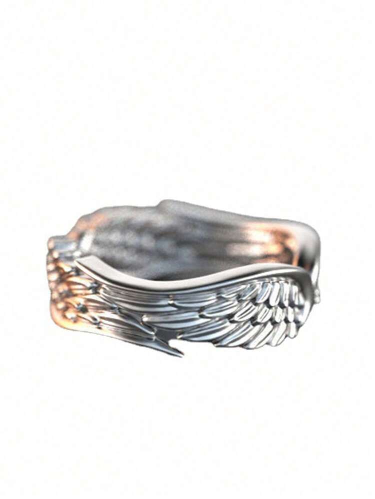 1PC Stainless Steel Angel Wing Feather Shaped Ring, Vintage Retro Oxidized Silver Ring - Multicolor - View 5