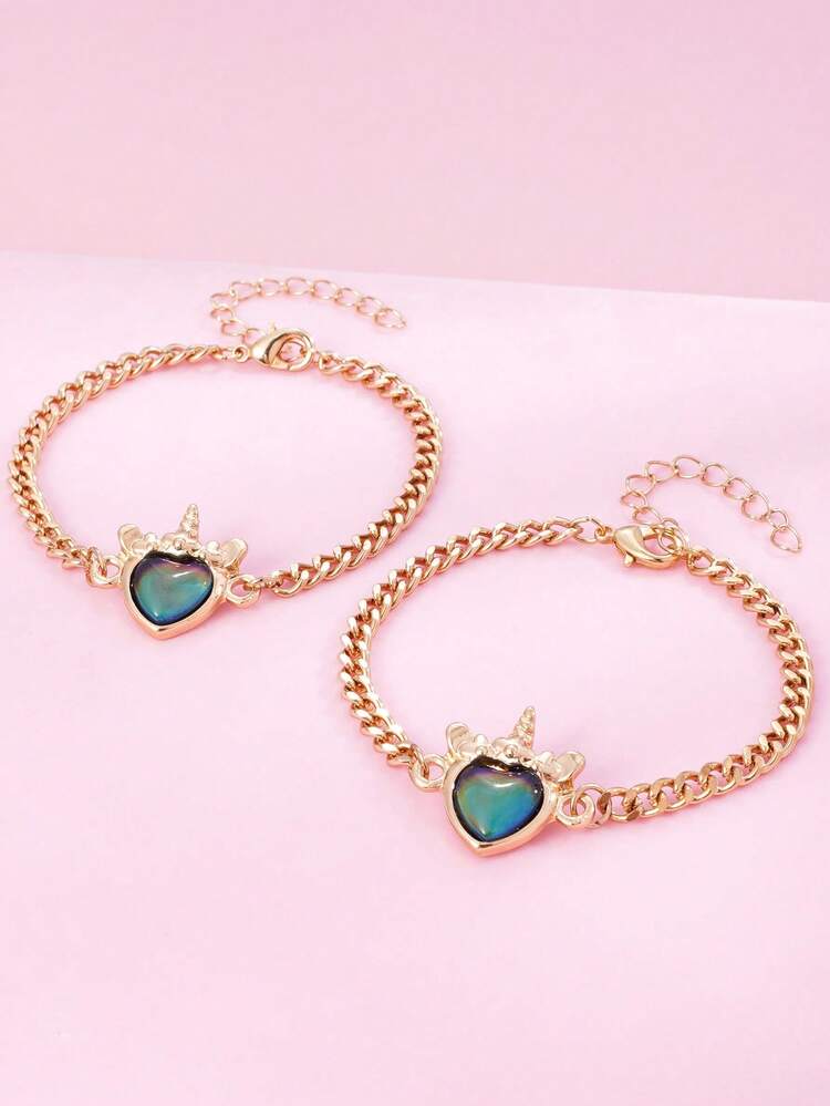 2/3 件女孩温敏变色猫、独角兽、心形锌合金吊坠项链手链，最佳朋友和女友礼物 - 彩色 - 查看 5