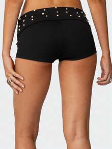 Women Y2K Elastic Studded Fold Over Micro Shorts Low Rise Rivet Embroidered Slim Fit Mini Shorts Punk Stretchy Foldover Boxers Shorts Cute Going Out Shorts Party Club Streetwear - 黑色 - 查看 2