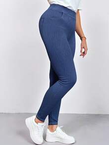 Pantalones casuales para mujer de talla grande con cintura elástica, efecto jegging, con bolsillos delanteros y traseros, de tela de punto cómoda y de moda para uso en el hogar