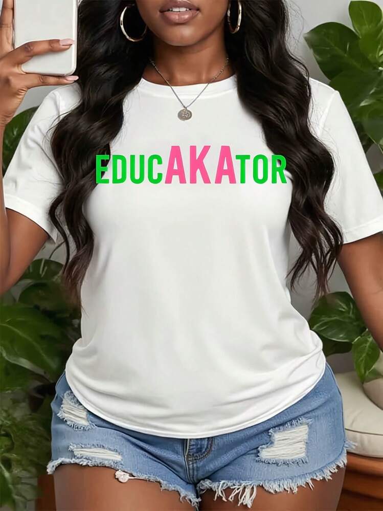 AKA Sorority T-Shirt, AKA Graphic Cotton T-Shirt, Pink And Green AKA Tee, Fashionable AKA Pattern Shirt, Leisure Retro Fun Pattern, Summer Must-Have - 白色 - 查看 1