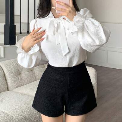 솔리드 컬러 브이넥 및 나비 넥타이 긴팔 캐주얼 통근 블라우스 탑, 가을/겨울 신상 여성복