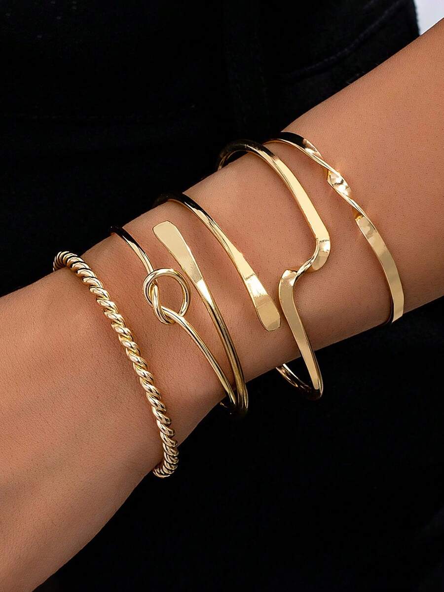 Set de 5 piezas de brazaletes metálicos minimalistas y geométricos asimétricos para mujeres, que incluyen elementos de onda y nudo, adecuados para uso diario, fiesta, cumpleaños, joyería punk callejera, regalo elegante
