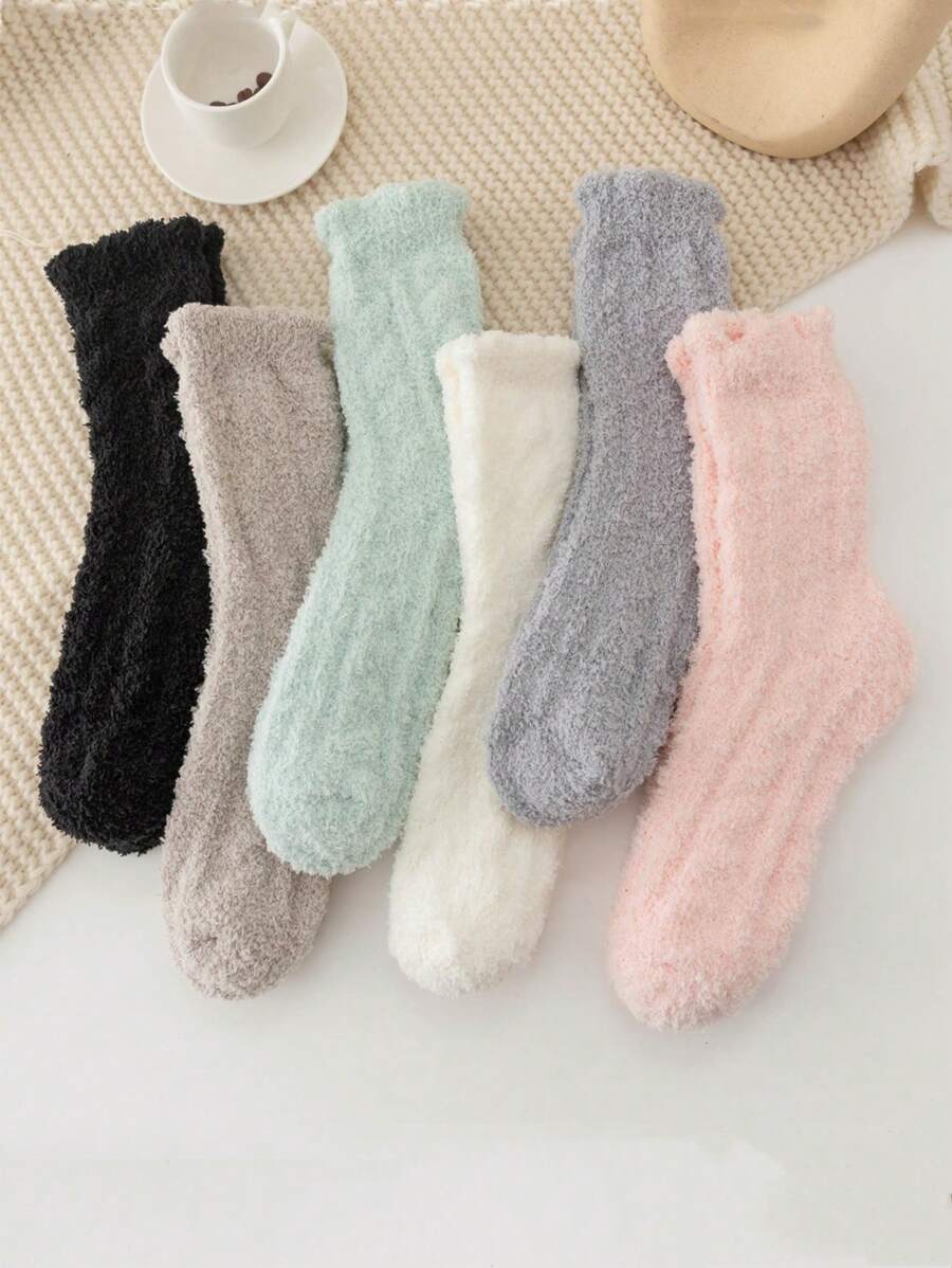 6pairs Solid Fuzzy Fluffy Socks - Multicolor - View 1