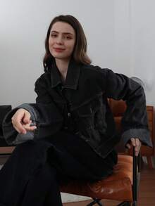 Jaqueta Denim de Manga Longa com Lapela de Cor Sólida Fashionable para Mulheres - Preto - Visão 10