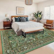 Botanical Printed Area Rug Vintage Floral Rug Washable Area Rug Stain Resistant Non-Slip Foldable Interior Decorative Rug For Bedroom Farmhouse Apartment Dining Room Laundry Room - 淺綠色 - 查看 3