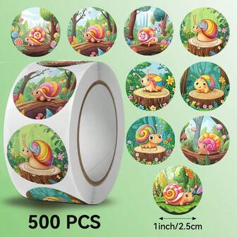 500张/卷可爱蜗牛动物贴纸，尺寸2.5厘米/1.0英寸。儿童及青少年贴纸，可爱贴纸，笔记本贴纸，DIY贴纸，蜗牛动物纸质标签，适用于艺术、工艺品、礼品、剪贴簿和文具装饰。圆形，一次性使用，适用于笔记本电脑、包装袋密封标签、手机、电脑、吉他、滑板、水瓶、剪贴簿、礼品、便笺簿。儿童文具。一卷即可实现多种用途。