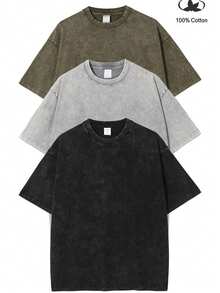 3pcs Men's Heavyweight 230gsm 100% Cotton T-Shirts - Retro Washed Streetwear Loose Fit Round Neck Short Sleeve, Breathable All-Season Casual  Tees  In Coffee Brown,Light Grey & Black ,Blue   Rose Red  & Green - 橄欖綠 - 查看 1