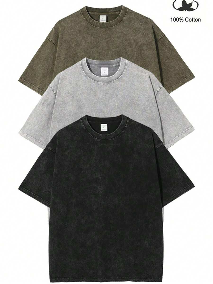 3pcs Men's Heavyweight 230gsm 100% Cotton T-Shirts - Retro Washed Streetwear Loose Fit Round Neck Short Sleeve, Breathable All-Season Casual  Tees  In Coffee Brown,Light Grey & Black ,Blue   Rose Red  & Green - 橄欖綠 - 查看 1