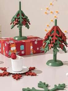Posavasos con forma de árbol de Navidad de 4/8 piezas con soporte, posavasos de árbol para platos calientes, salvamanteles plegables de árbol para tetera/sartenes calientes, posavasos duraderos, decoración de mesa festiva y funcional