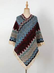 1pc Women Solid Color Button Tassel Knitted Poncho Shawl, Fashionable Casual Warm Wear For Vacation And Daily Use