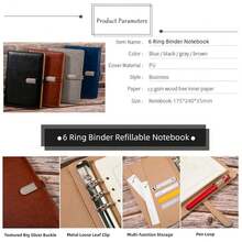 A5 Binder Organizer - Unisex Business Planner - PU Leather Journal -6 Ring Binder Refillable Diary Notepads, Travel Organizer Agenda For Men Women - Blue-671080 - 藍色 - 查看 4