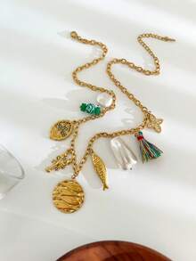 Monlansher 新款女士串珠多吊坠项链，镶嵌绿石珠、珍珠、椰子树、鱼和圆盘饰物，不锈钢吊坠项链，时尚奢华女士项链 - 金色 - 查看 6