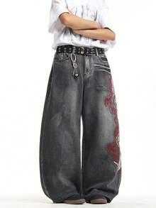 1 chiếc quần jeans Infinite Jeans kiểu Hồng Kông, thêu hoa 3D, thời trang, đa năng, dáng rộng, ống rộng, đã qua xử lý giặt, dành cho nam (Sản phẩm không bao gồm thắt lưng và phụ kiện) - màu đen - Xem 5