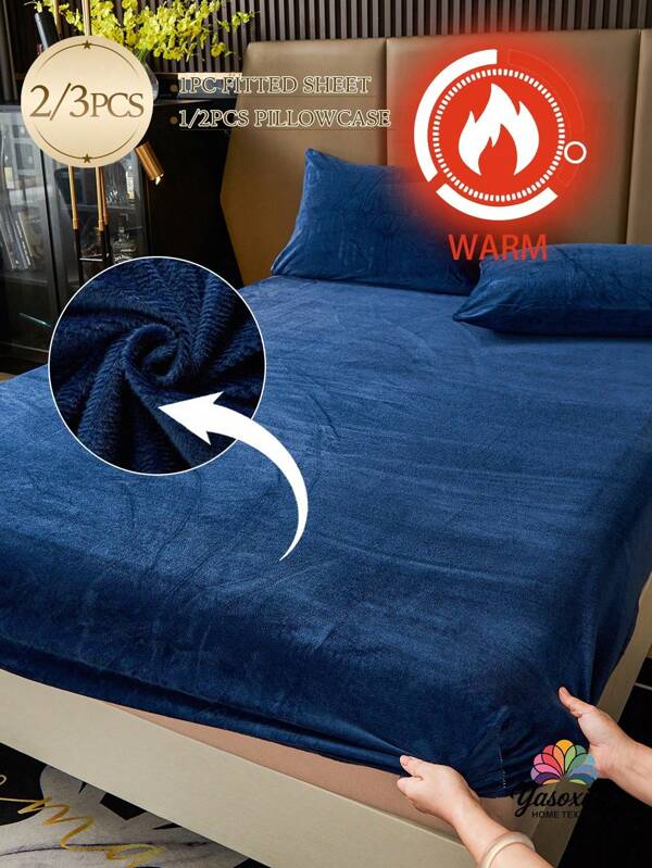 2/3pcs Navy Blue Velvet Fitted Sheet Set Warm Soft Solid Fuzzy Fitted Sheet Set King Queen Full Twin Size, Luxury Super Soft Cozy Comfy Bottom Sheet With 11.8" Deep Pocket,Suitable For Fall Winter And Spring 1Fitted Sheet+1/2Pcs Pillowcases Domitory Bedding Back School Bedding