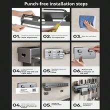 60cm Wall Mounted Kitchen Knife Holder With Chopstick Holder, Steel Knife Holder With 10 Hooks, Multi-Function Storage Organizer, Knife Holder Organizer For Hanging Spoon Chopsticks, Kitchen Organizer Shelf, Black Color