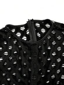 S390414 女士秋冬性感镂空花卉做旧拉链细节纯色长袖紧身连体裤 - 黑色 - 查看 4