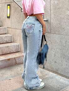 Fashionable Millennium Style Casual Women's Classic Light-Colored Embroidered Back Pocket Straight-Leg Long Jeans - Rửa nhẹ - Xem 5