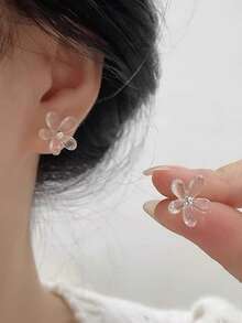 1 对简约透明花卉耳钉，甜美百搭的时尚耳环 - 白色 - 查看 1