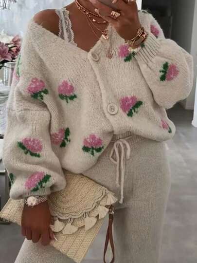 Plus Size Women Elegant Cute Sweet Knitted Cardigan Sweater Jacket, Fashion Minimalist Casual Long Sleeve Plus Size Button Up Outerwear, Autumn/Winter