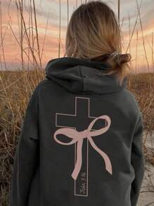 1 件女童休闲印花套头连帽衫，保暖内衬，长袖，秋冬学生服装