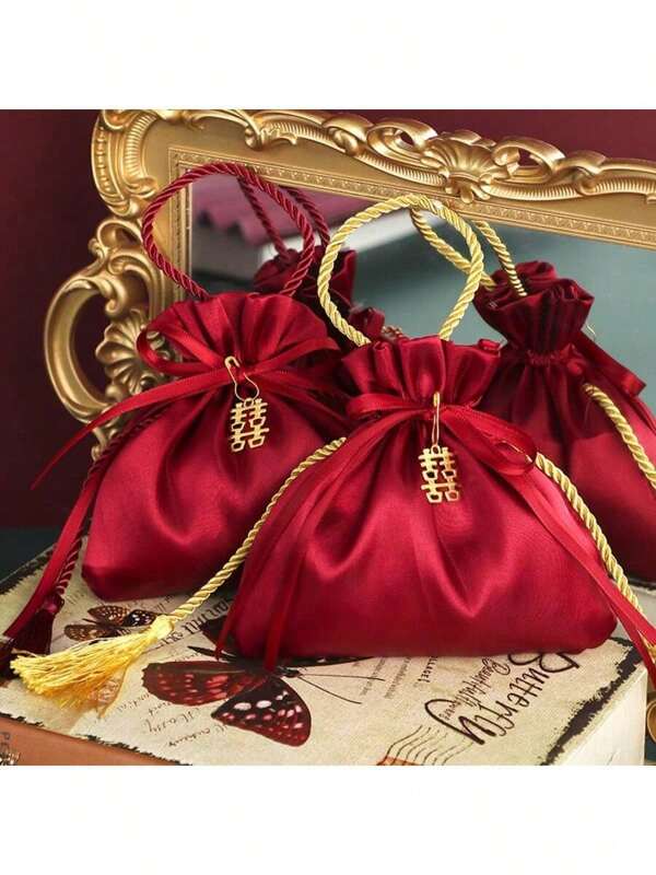 5pcs Silk Wedding Candy Bags, Drawstring Gift Bags, Jewelry Display Bags For Wedding Party (Reusable/High-End Quality/Multi-Occasion)