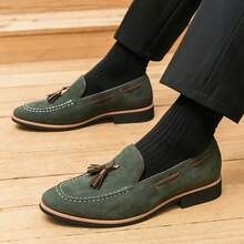 Men's English Frosted Leather Oxford Shoes, Dress Loafers, Business Casual Pointed Toe Fringed Loafers - 綠色 - 查看 4