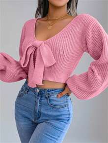 Y2K 女款短款毛衣 V 领泡泡袖腰部系带蝴蝶结纯色毛绒羊毛节日上衣